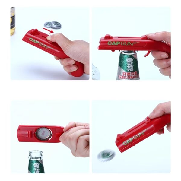 Cola can opener with throwing cap like a gun